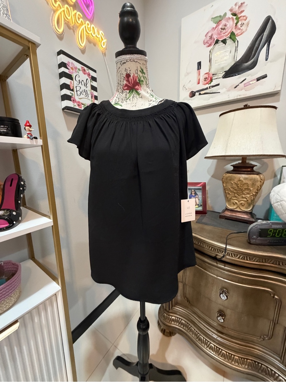 LC Lauren Conrad Black Short-Sleeve Smocked-Neck Blouse - Picture 6 of 14